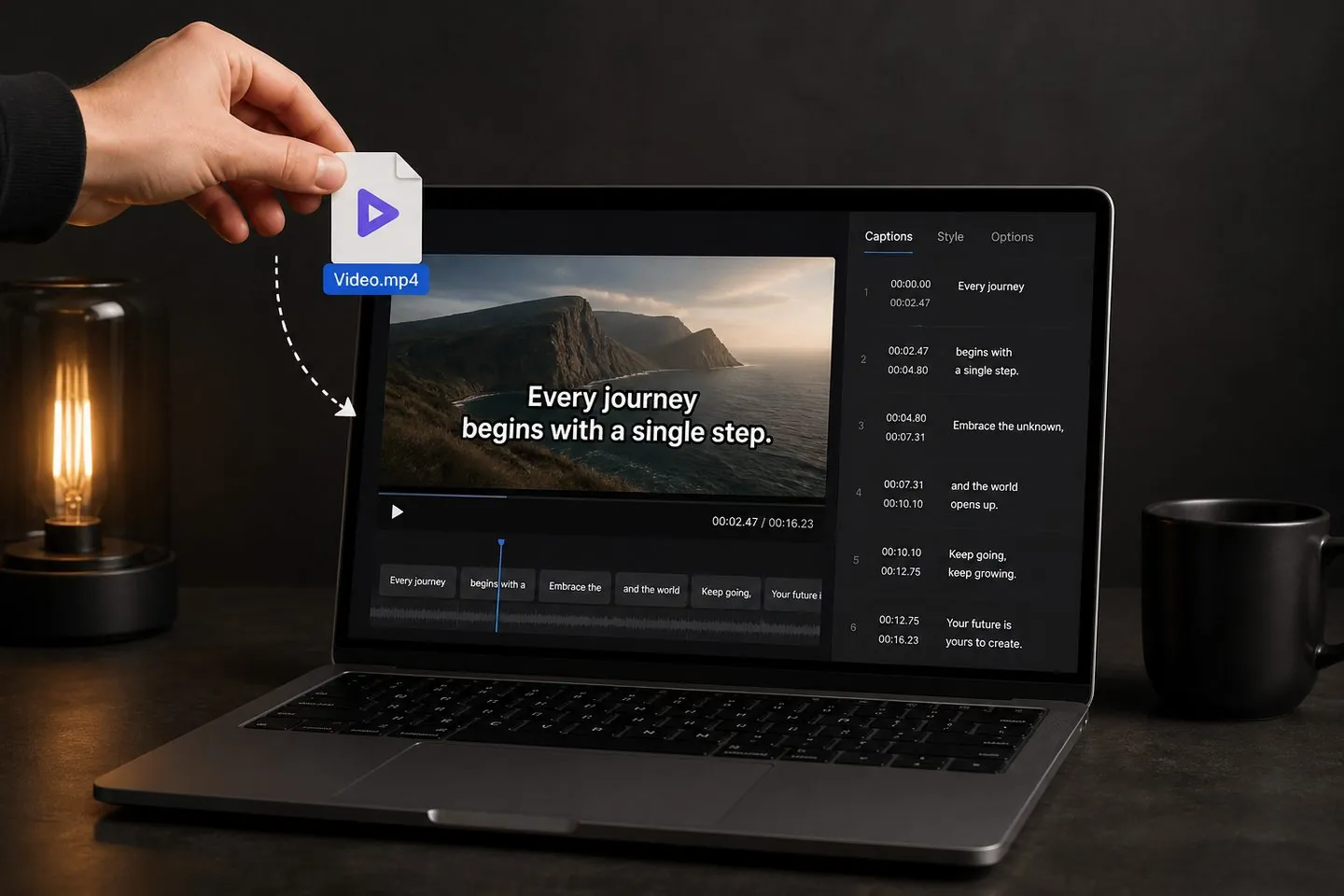 Drop a video into AutoCaptions to generate and export captions