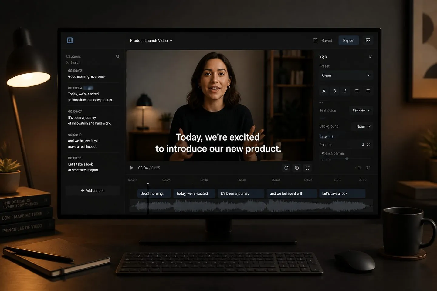 Browser subtitle studio with timeline and burned-in captions