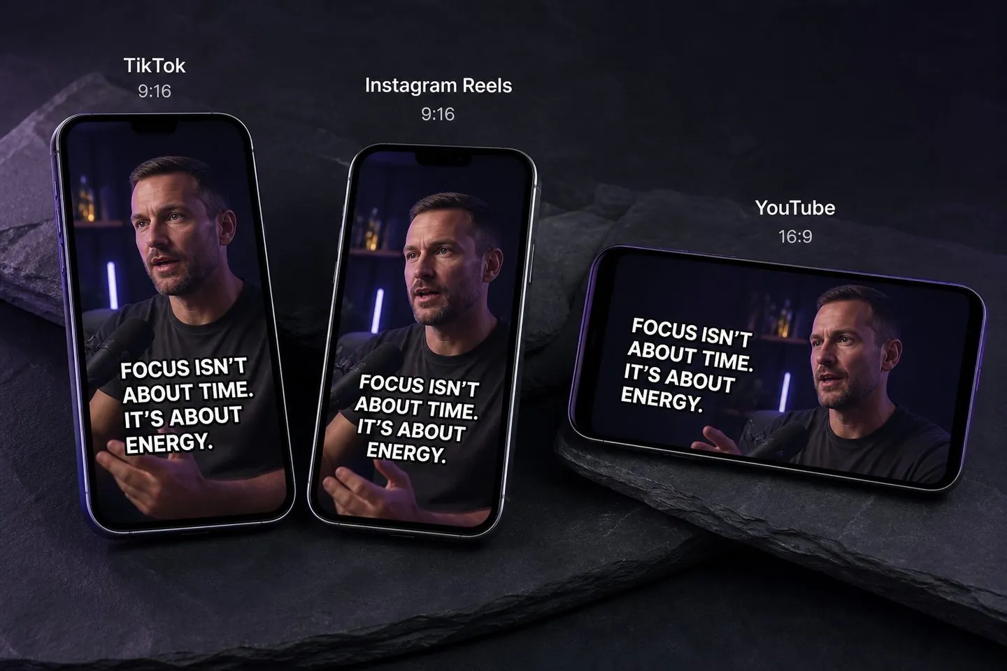 Phones showing subtitles for TikTok, Reels, and Shorts