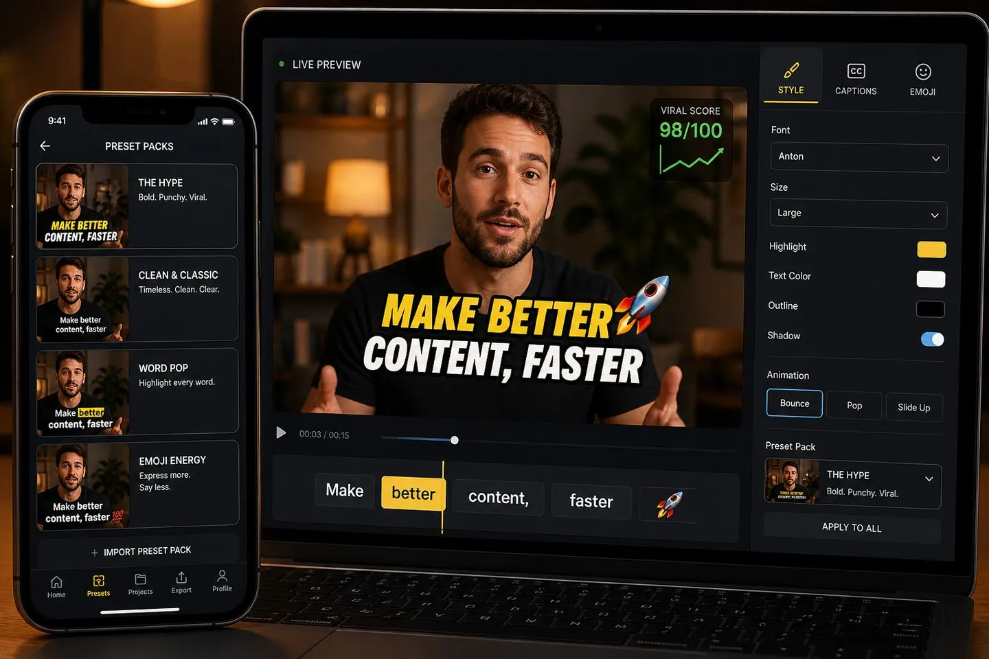 Phone and laptop preview with bold karaoke-style captions and emoji