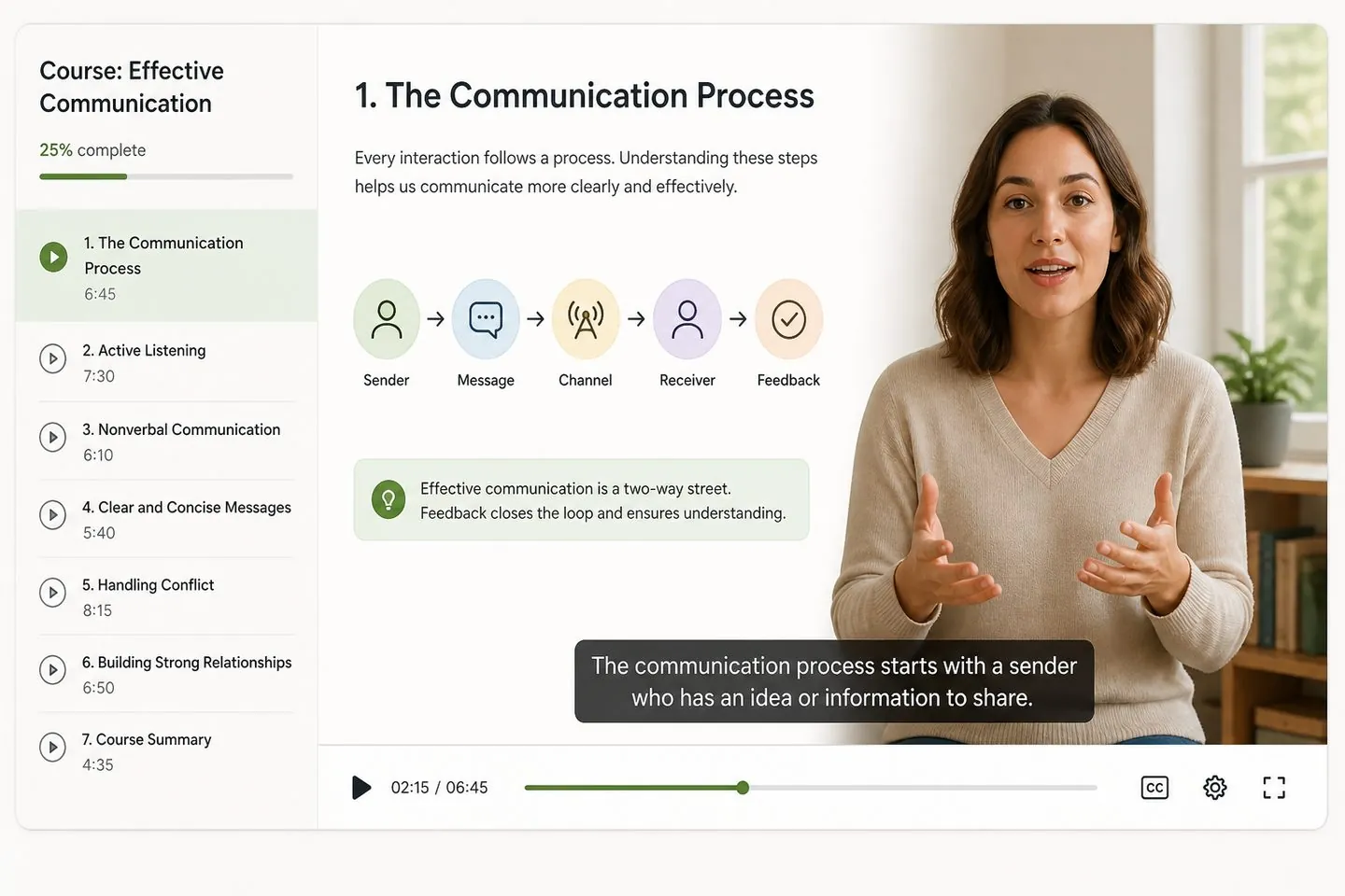 Course video with clear on-screen captions