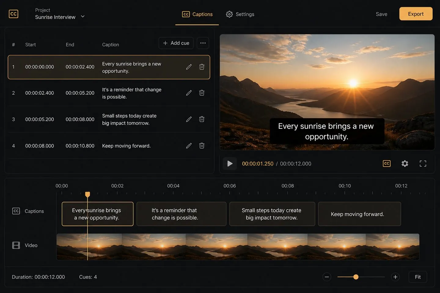 Editing AI caption timing on a timeline