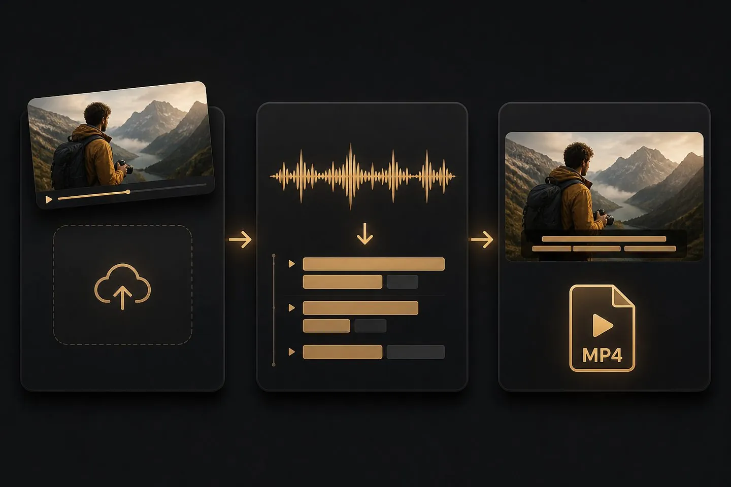 Three-step AI subtitle workflow from drop to export