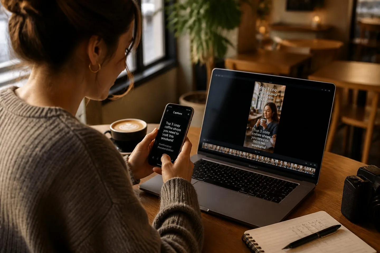 Creator checking subtitle length on a phone