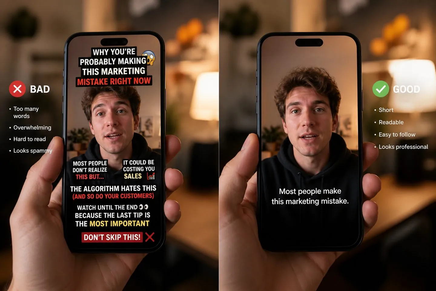 Phone preview showing cramped versus clean subtitle lines