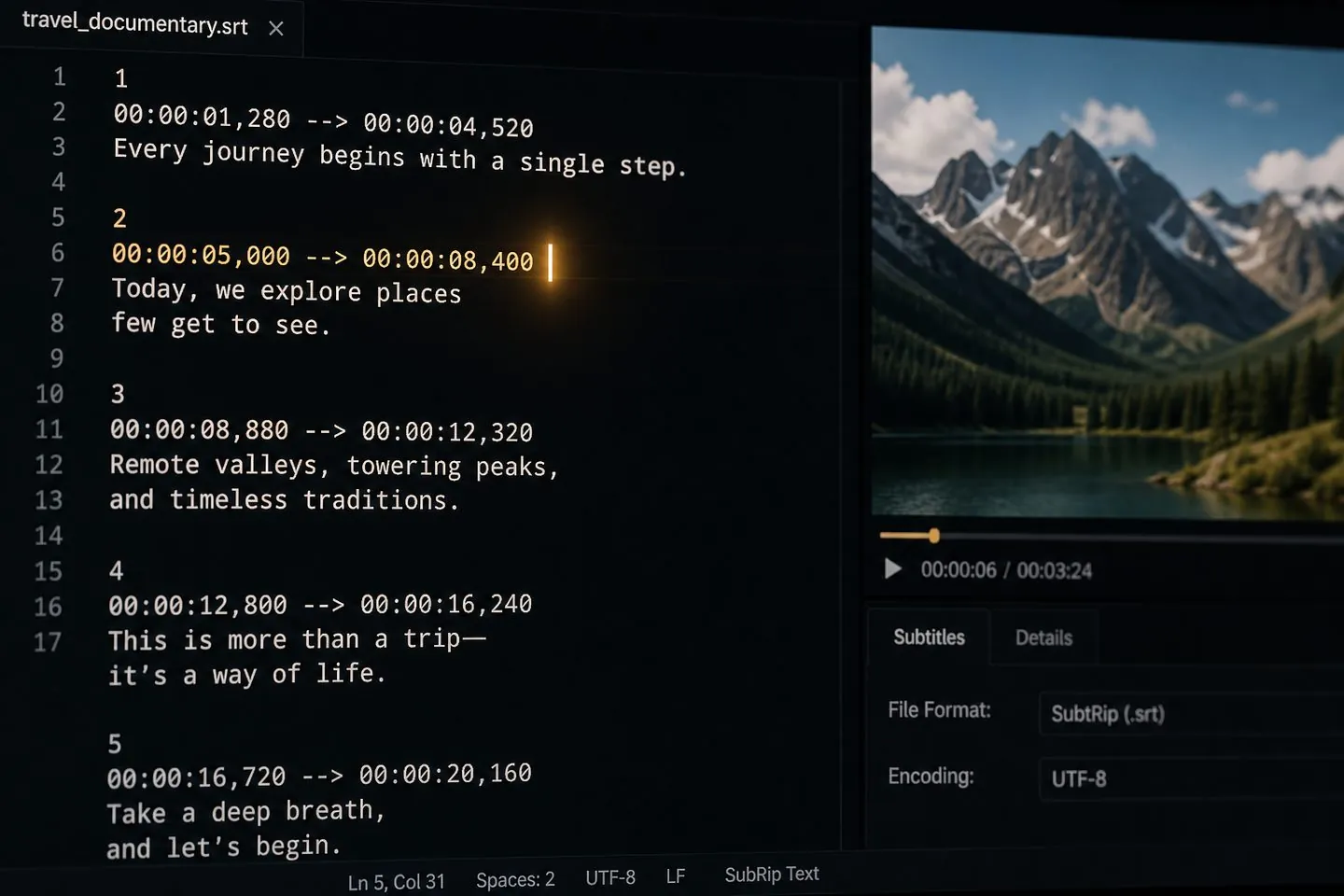 SRT file beside a video timeline
