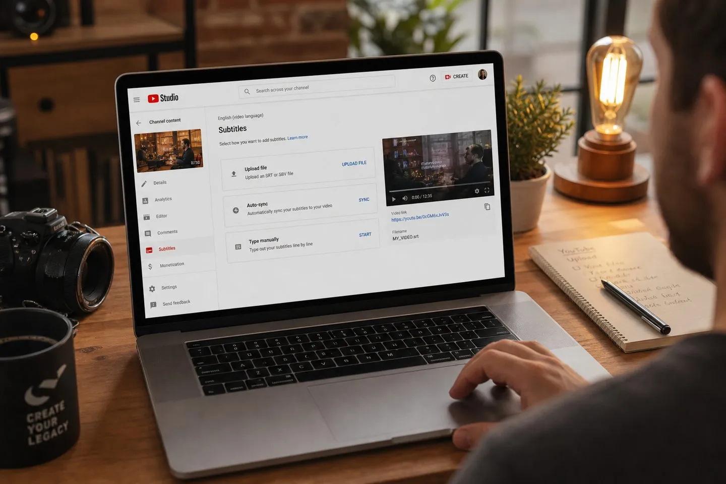 YouTube Studio subtitle upload with an SRT file