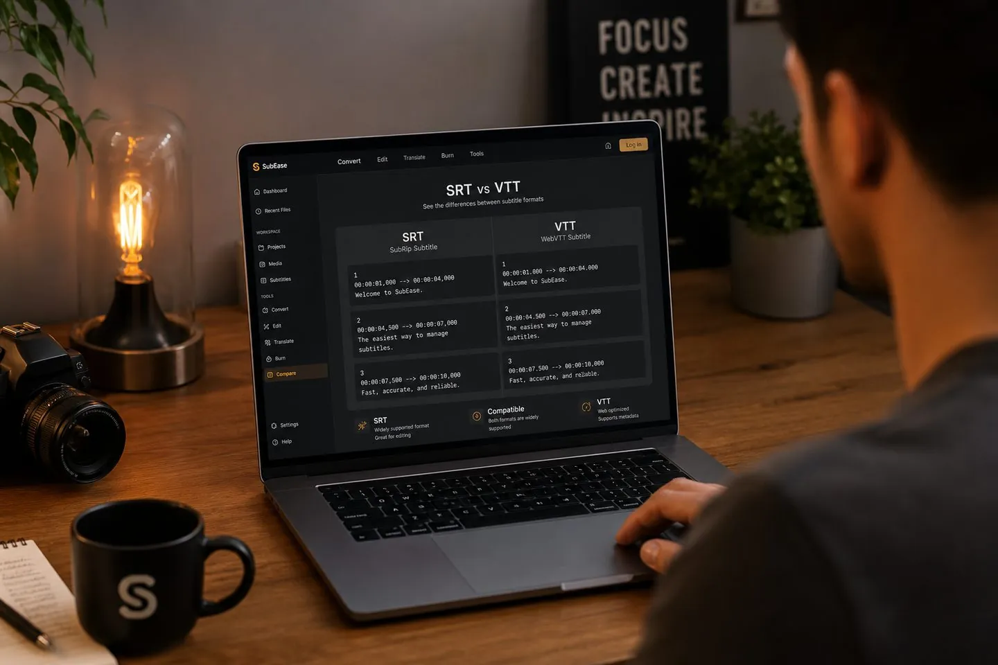 SRT and VTT subtitle formats side by side on a laptop