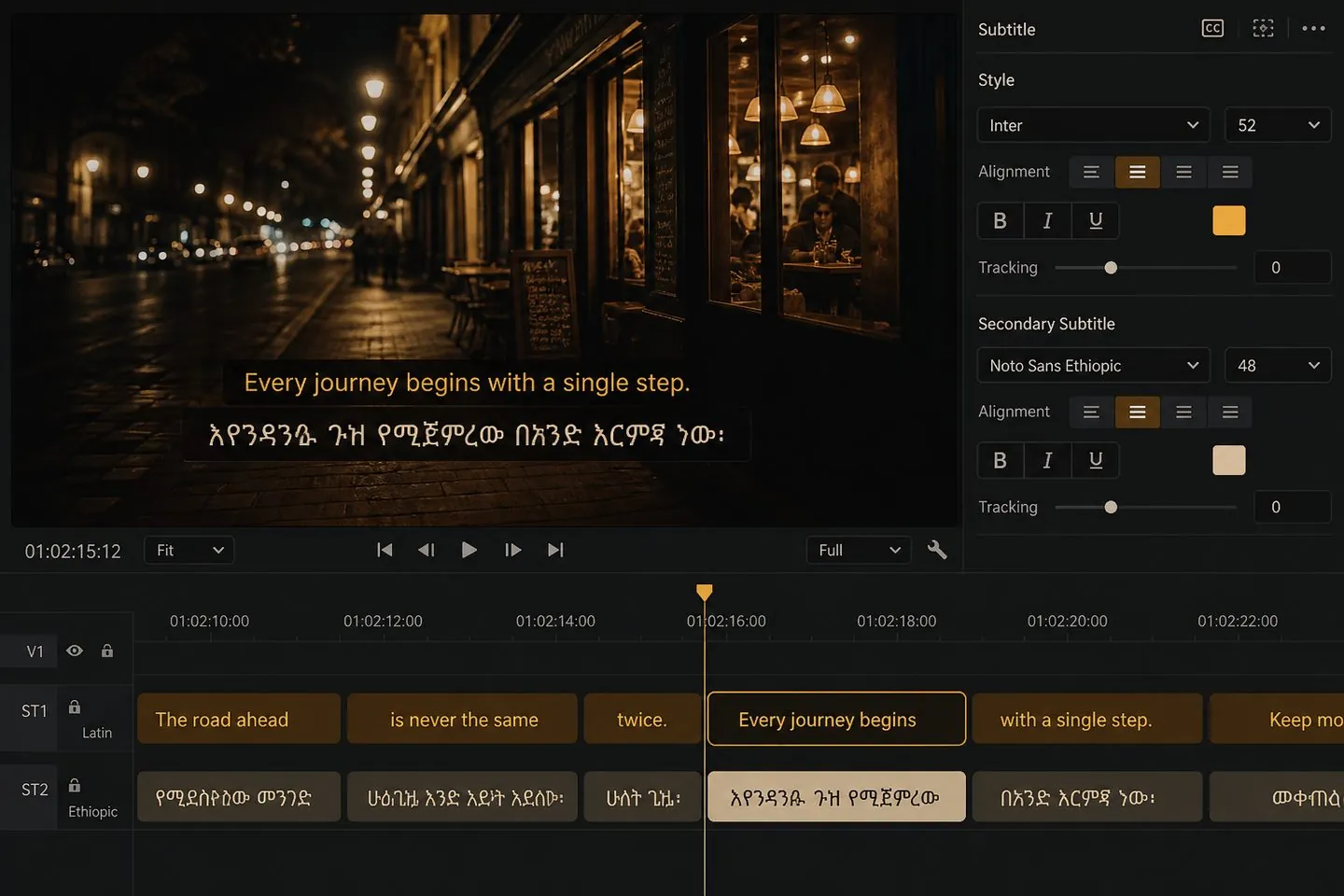 Bilingual subtitle tracks on a video timeline