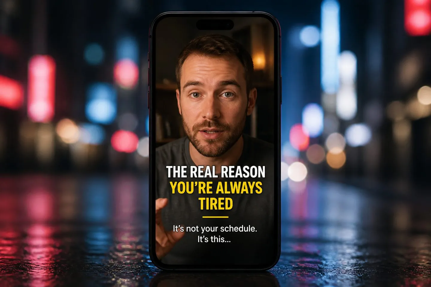 Vertical phone with bold TikTok-style captions