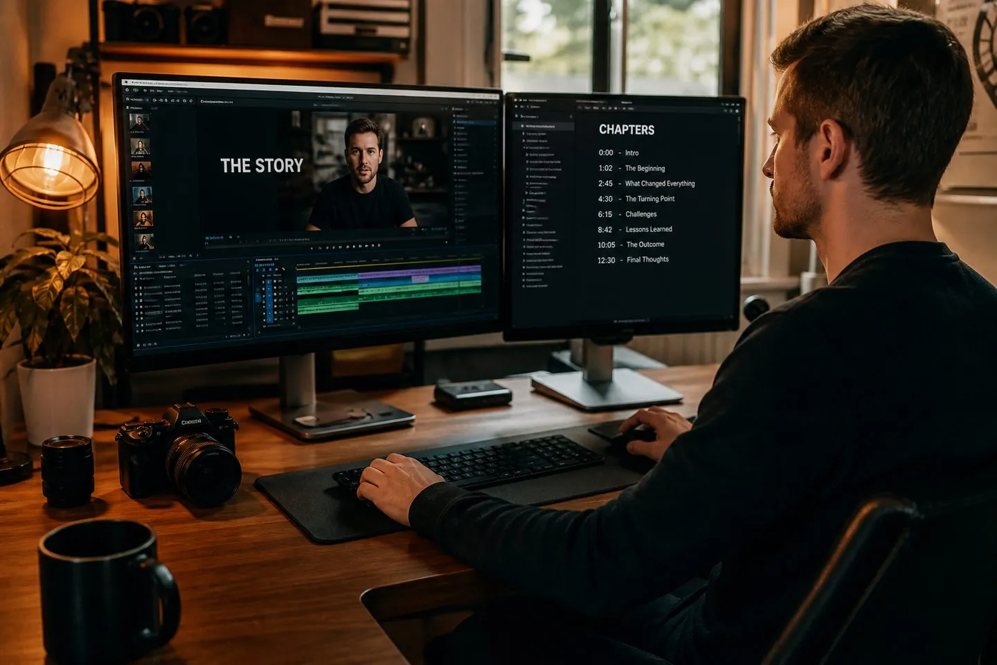 Widescreen YouTube editing desk with chapter notes